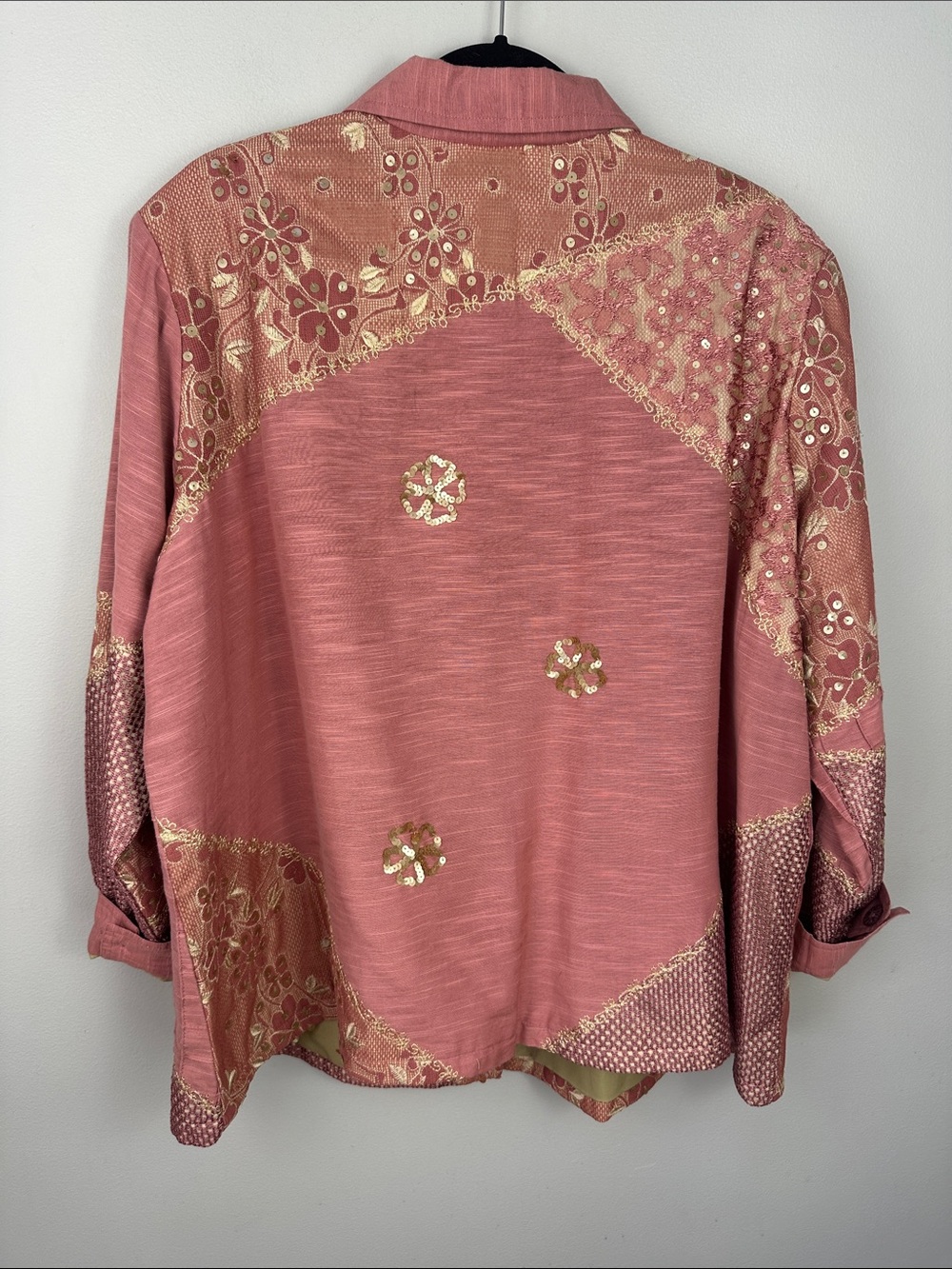 Vintage Indigo Moon Pink Gold Sequin Patchwork Art To Wear Jacket - Picture 3 of 11